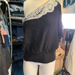 White House Black Market Black One-Shoulder Top with Embellished Trim